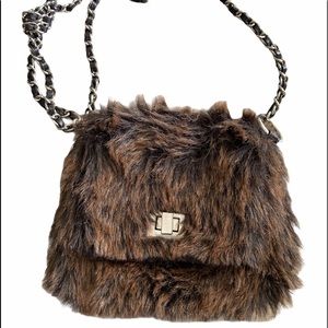 Fashion Express Faux Fur Shoulder Bag Purse Crossbody Brown Gold Chain Strap